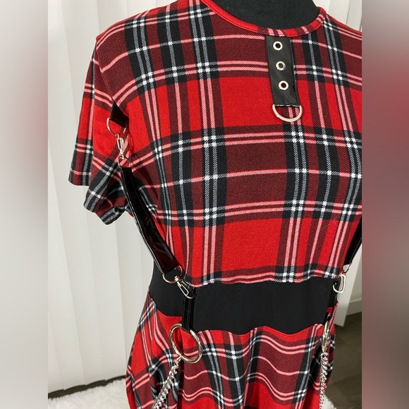 💔SOLD💔DEVIL FASHION Rock Plaid Fit And Flare Dress Sheer Mesh Bondage Straps - Picture 11 of 15